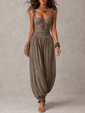 Nieves • Conjunto de bandeau de encaje gris y pantalones harem de algodón plisados