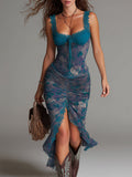 Vestido Midi Azul con Estampado Floral de Pintura al Óleo y Ribete de Encaje