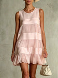 Vestido Mini de Gasa Plisada Rosa Claro con Diseño por Capas y Patchwork