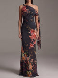Vestido Maxi de Gasa Negro con Un Hombro, Estampado y Plisado