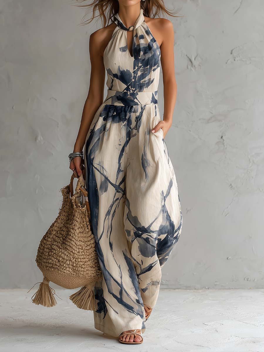 Mono de Pierna Ancha con Cuello Halter, Estampado de Tinta Aguada y Bolsillos