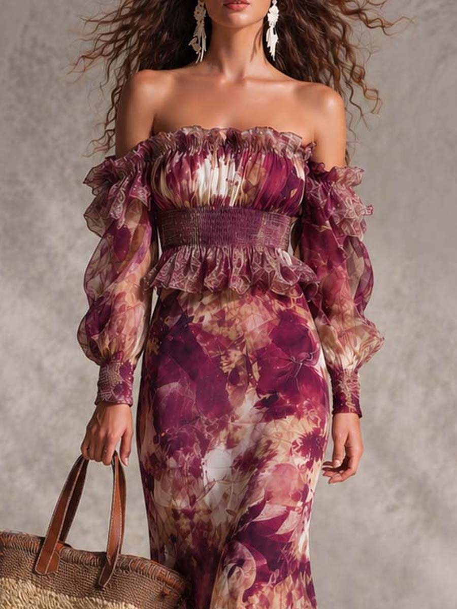 Vestido Maxi de Gasa Rosa Empolvado Floral con Hombros Descubiertos