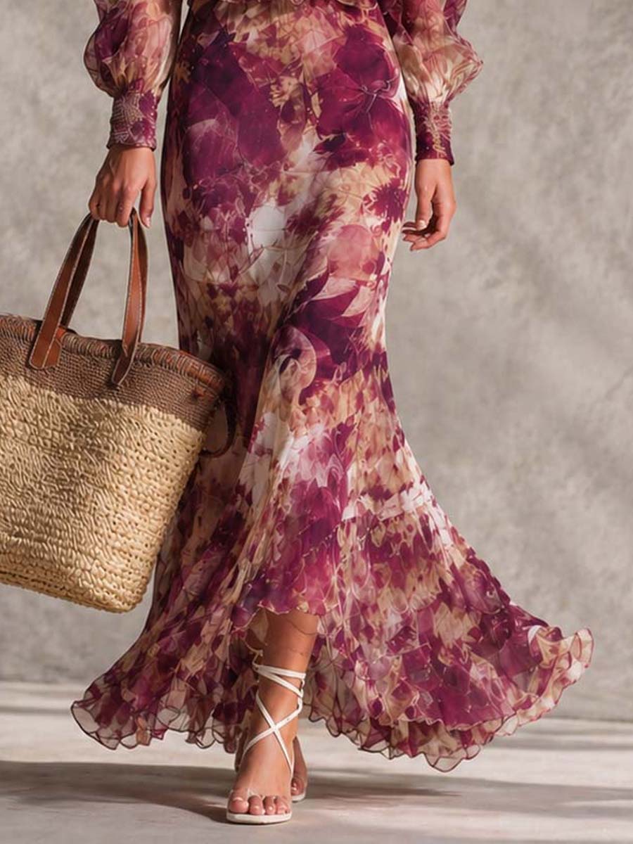 Vestido Maxi de Gasa Rosa Empolvado Floral con Hombros Descubiertos