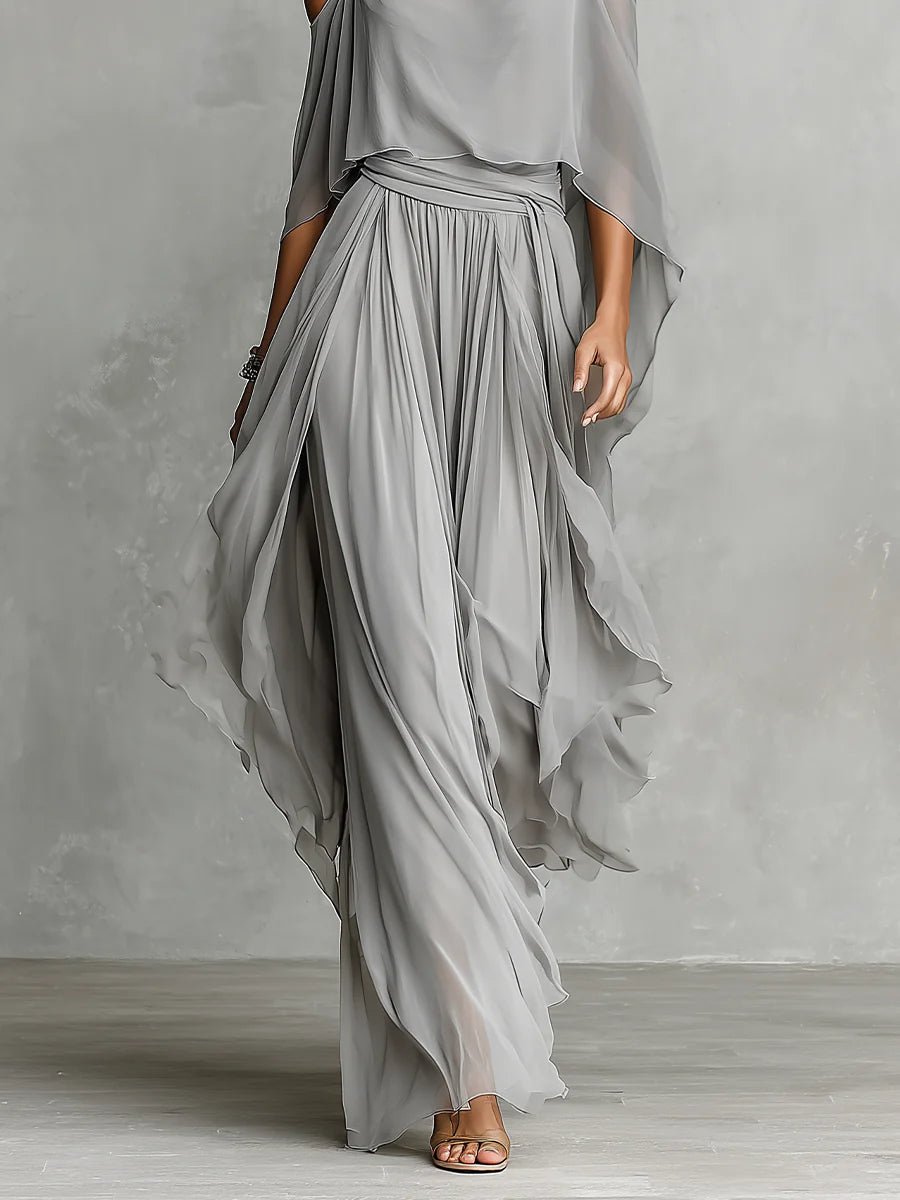 Conjunto de Gasa Gris con Camisola Fluida de Hombros Descubiertos y Pantalón