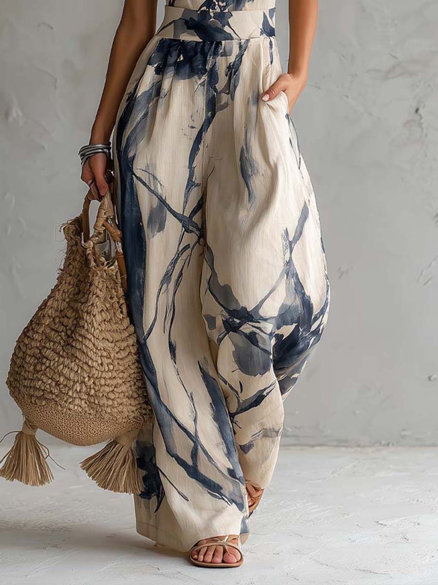 Mono de Pierna Ancha con Cuello Halter, Estampado de Tinta Aguada y Bolsillos