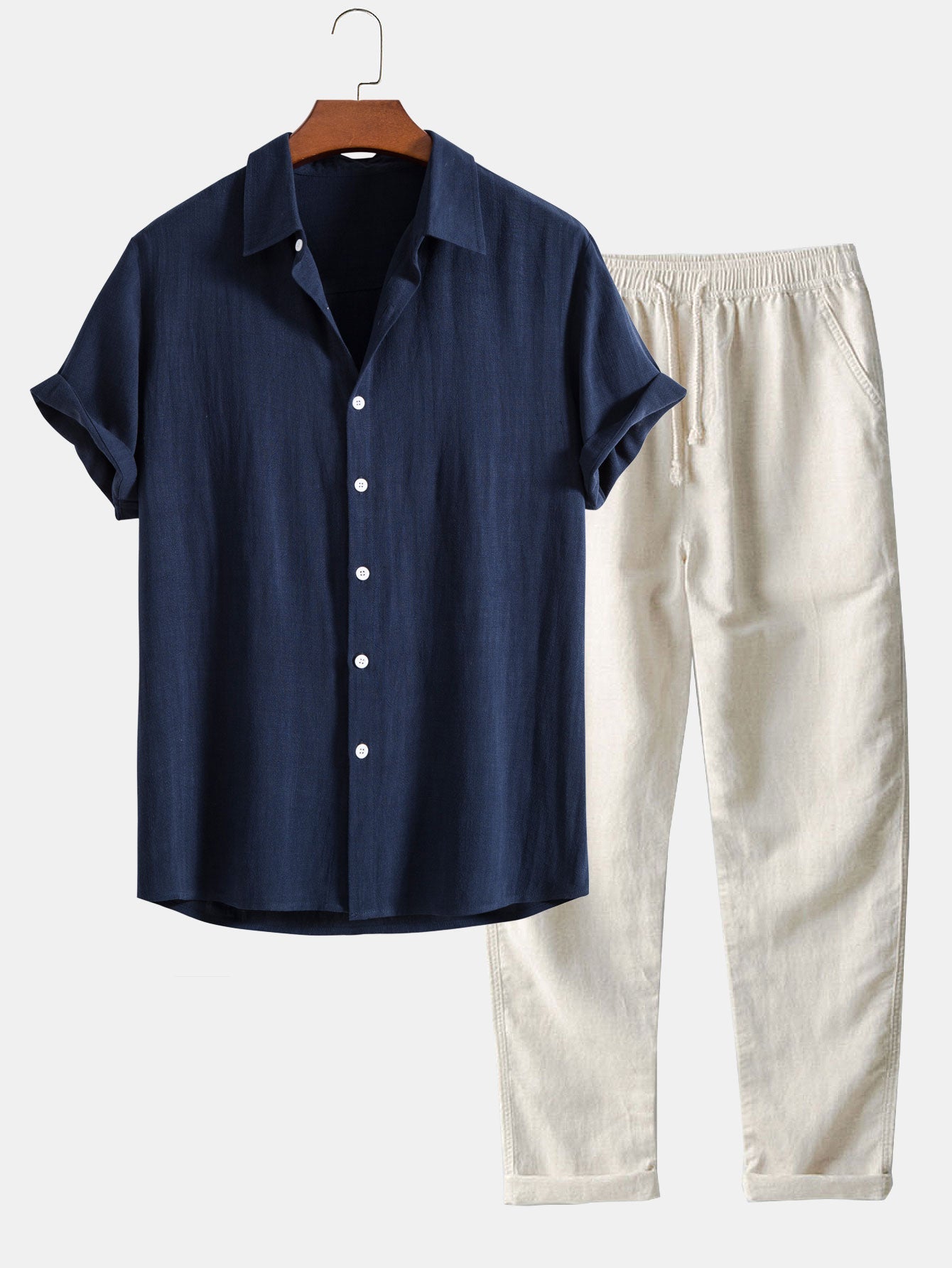 Camisa abotonada de mezcla de lino y rayón y pantalones rectos de lino
