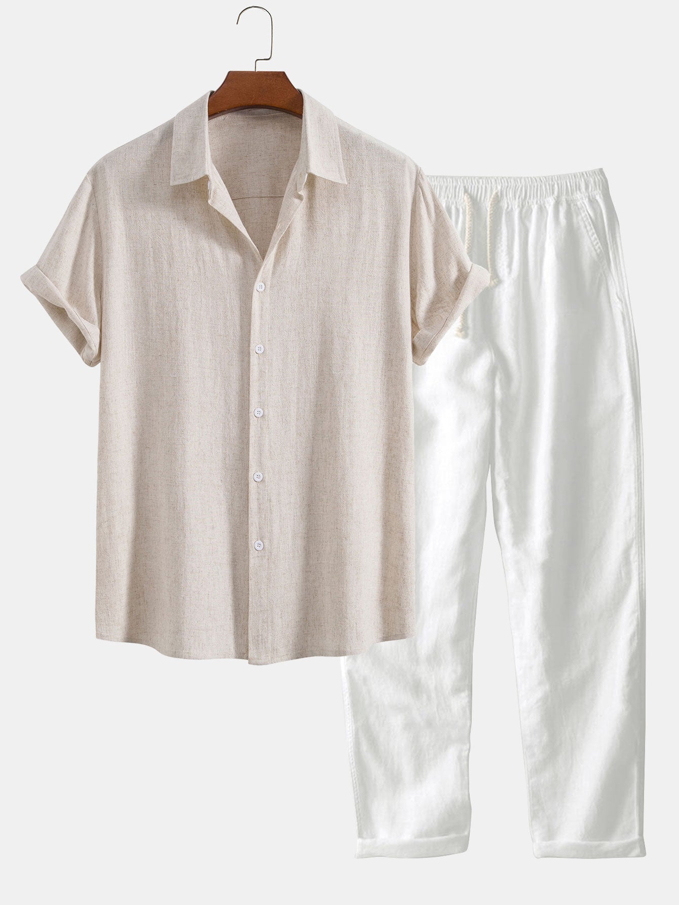 Camisa abotonada de mezcla de lino y rayón y pantalones rectos de lino