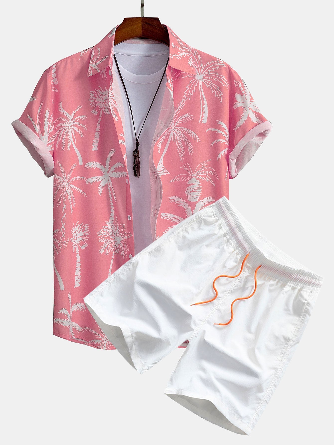 Camisa abotonada con estampado de palmeras y bañador corto