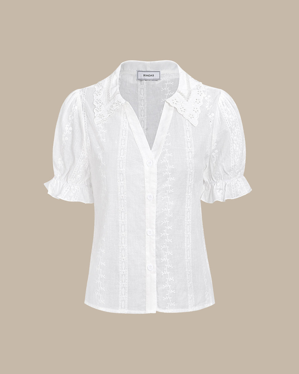 Blusa Blanca Con Cuello Encaje Bordado Algodón
