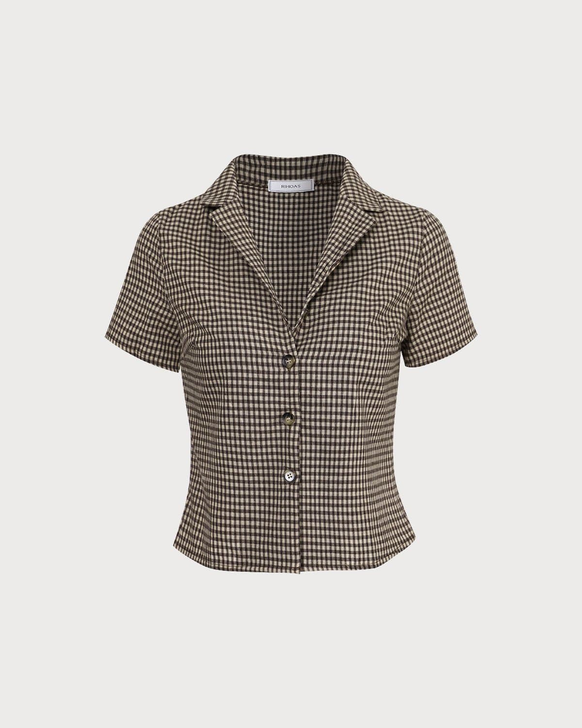 Blusa Marrón Solapa Vichy Manga Corta