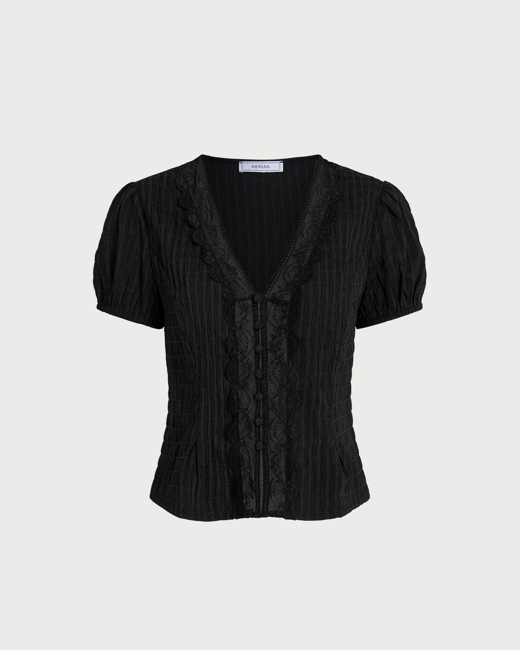 Blusa Negra Jacquard Encaje Botones
