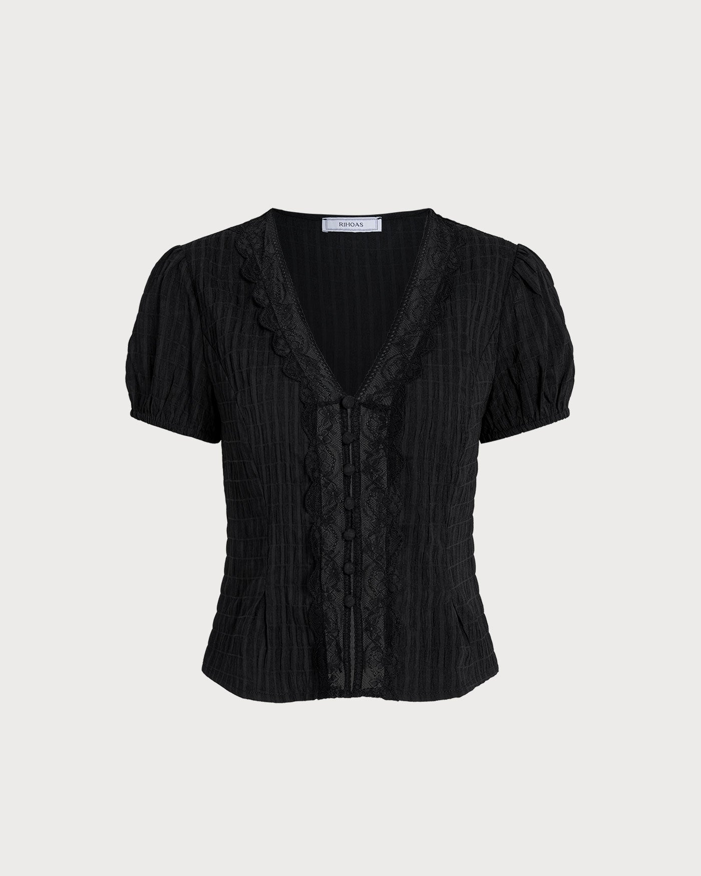 Blusa Negra Jacquard Encaje Botones