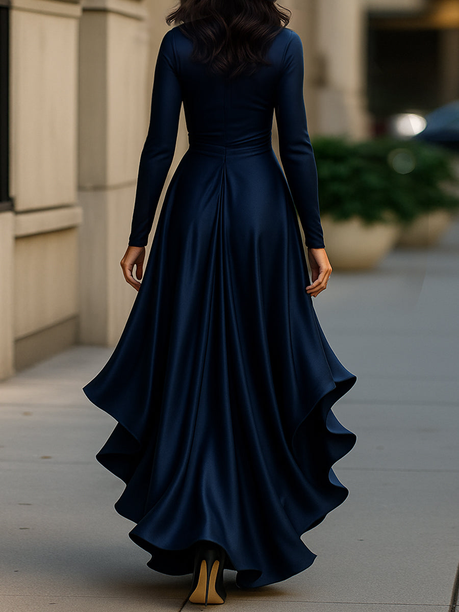 Palma | Vestido largo de satén drapeado con detalles de volantes
