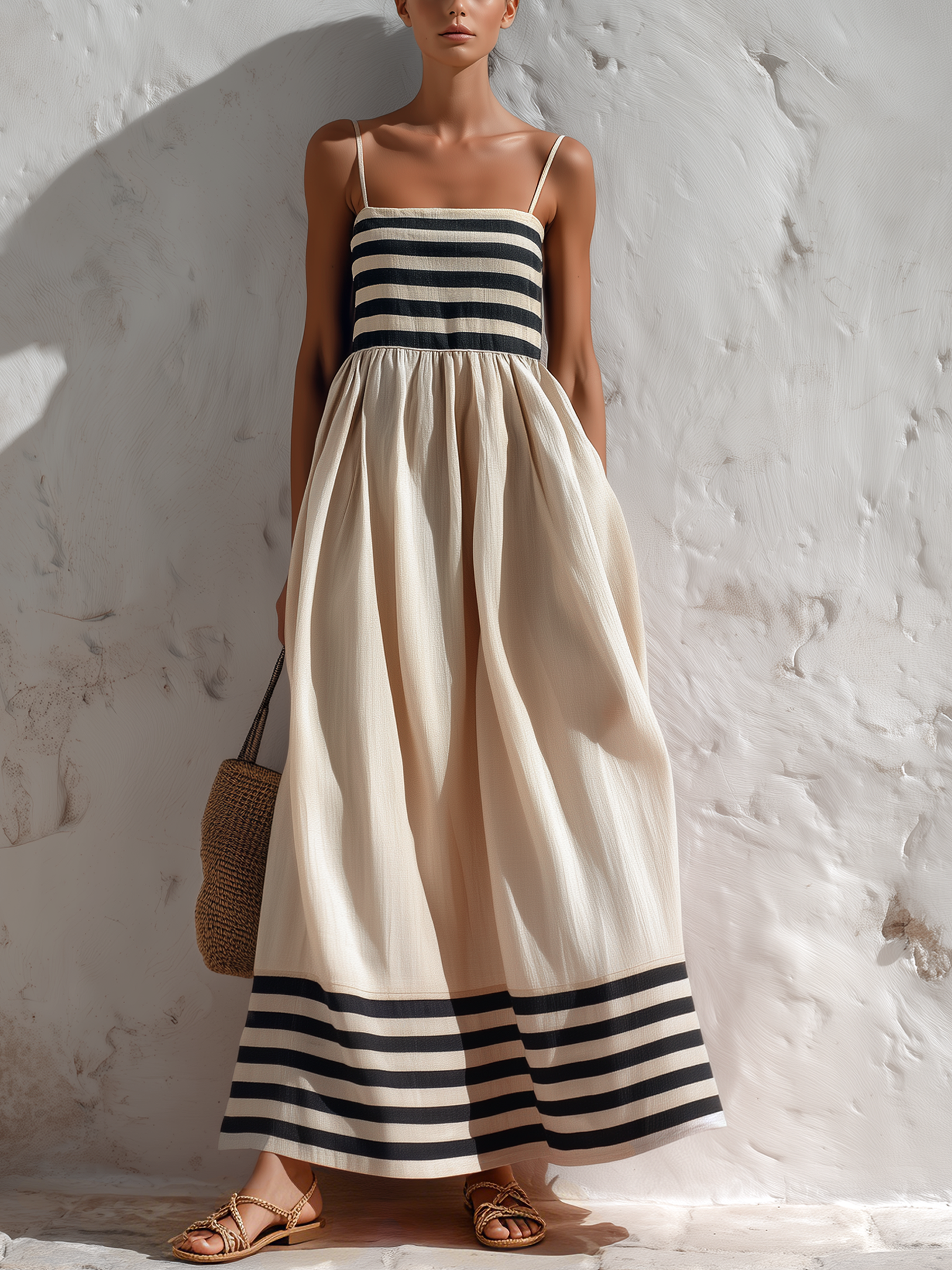 Susana  | Vestido largo a rayas negras y beige