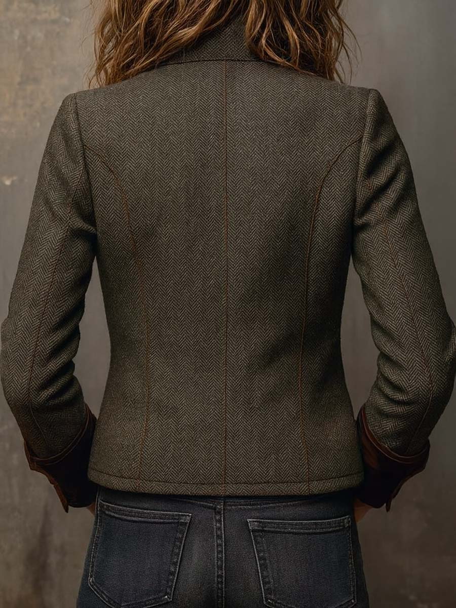 Blazer Vintage de Espiga con Ribete de Contraste para Mujer