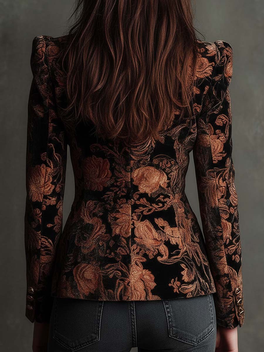 Blazer Sastre con Estampado Floral Negro y Bronce para Mujer