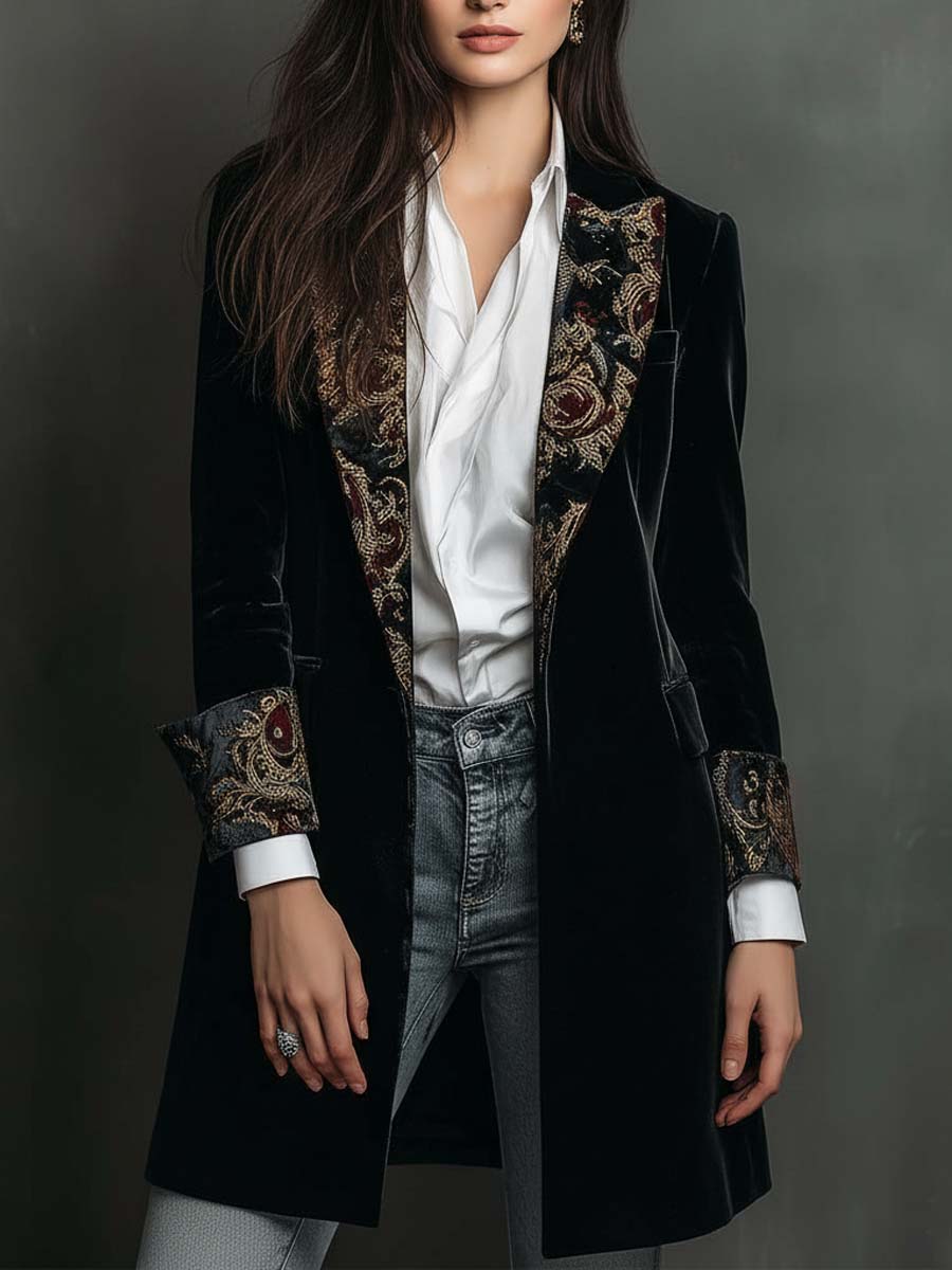 Blazer Entallado de Solapa con Estampado Barroco Negro para Mujer