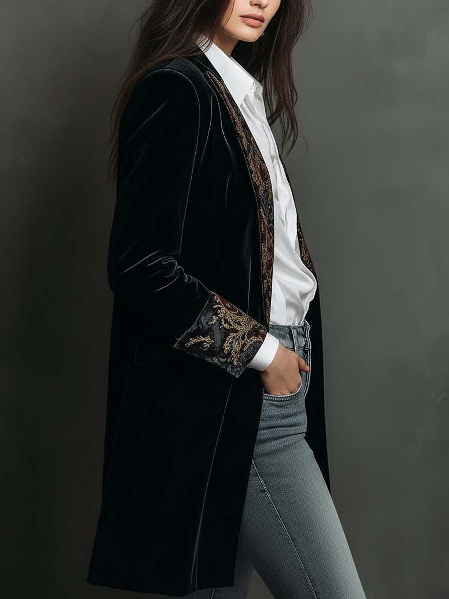 Blazer Entallado de Solapa con Estampado Barroco Negro para Mujer