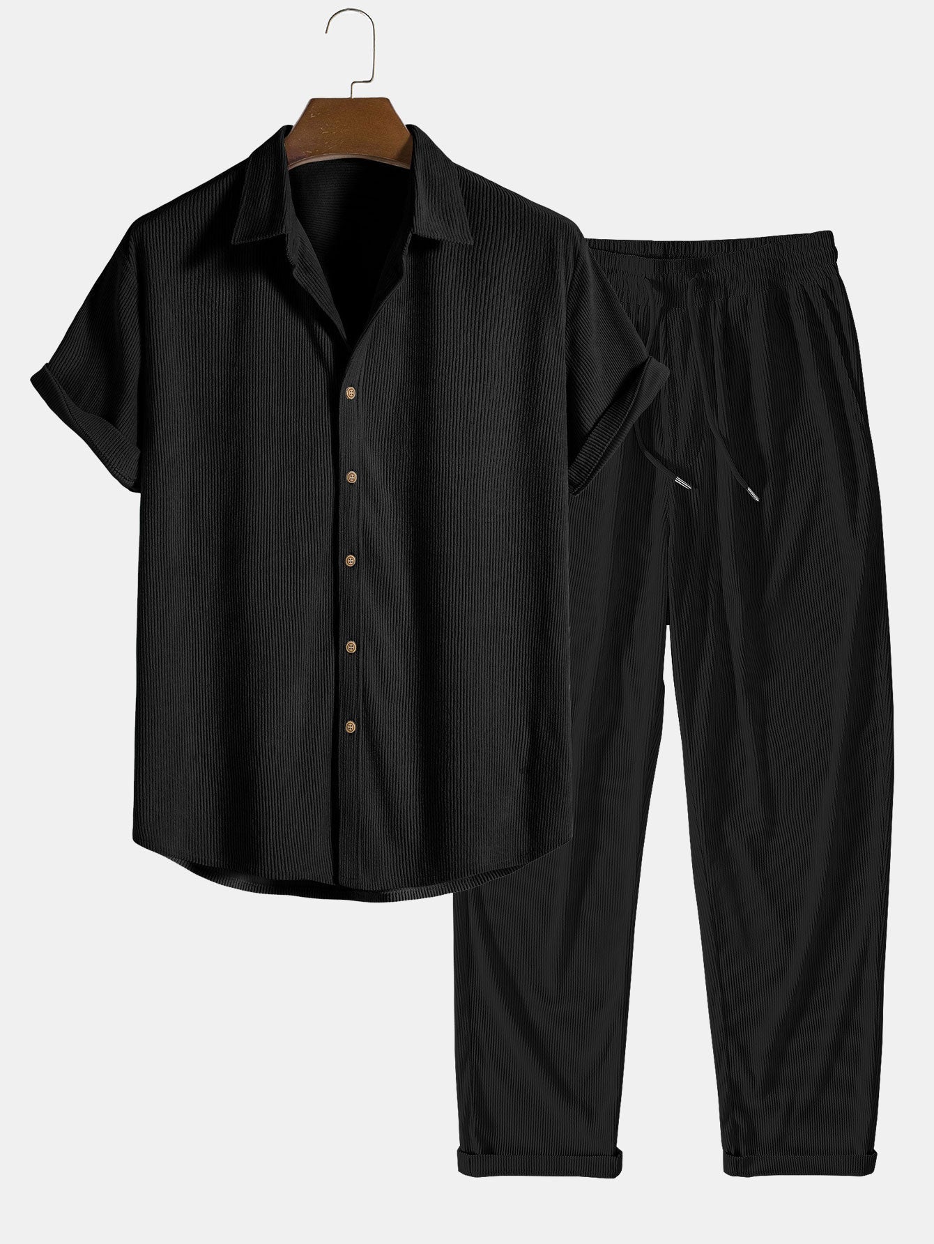 Camisa de pana de manga corta con botones y pantalones de pana de corte recto