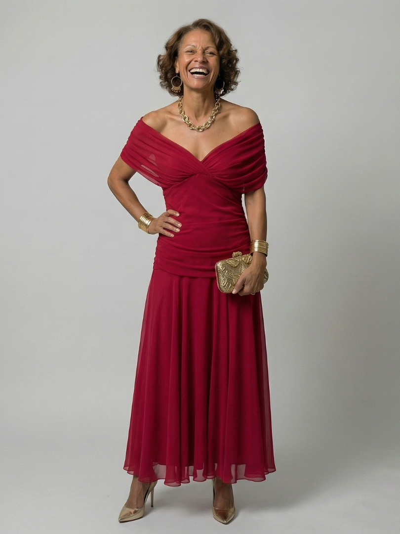 Calen | Vestido Midi Fluido de Hombros Descubiertos