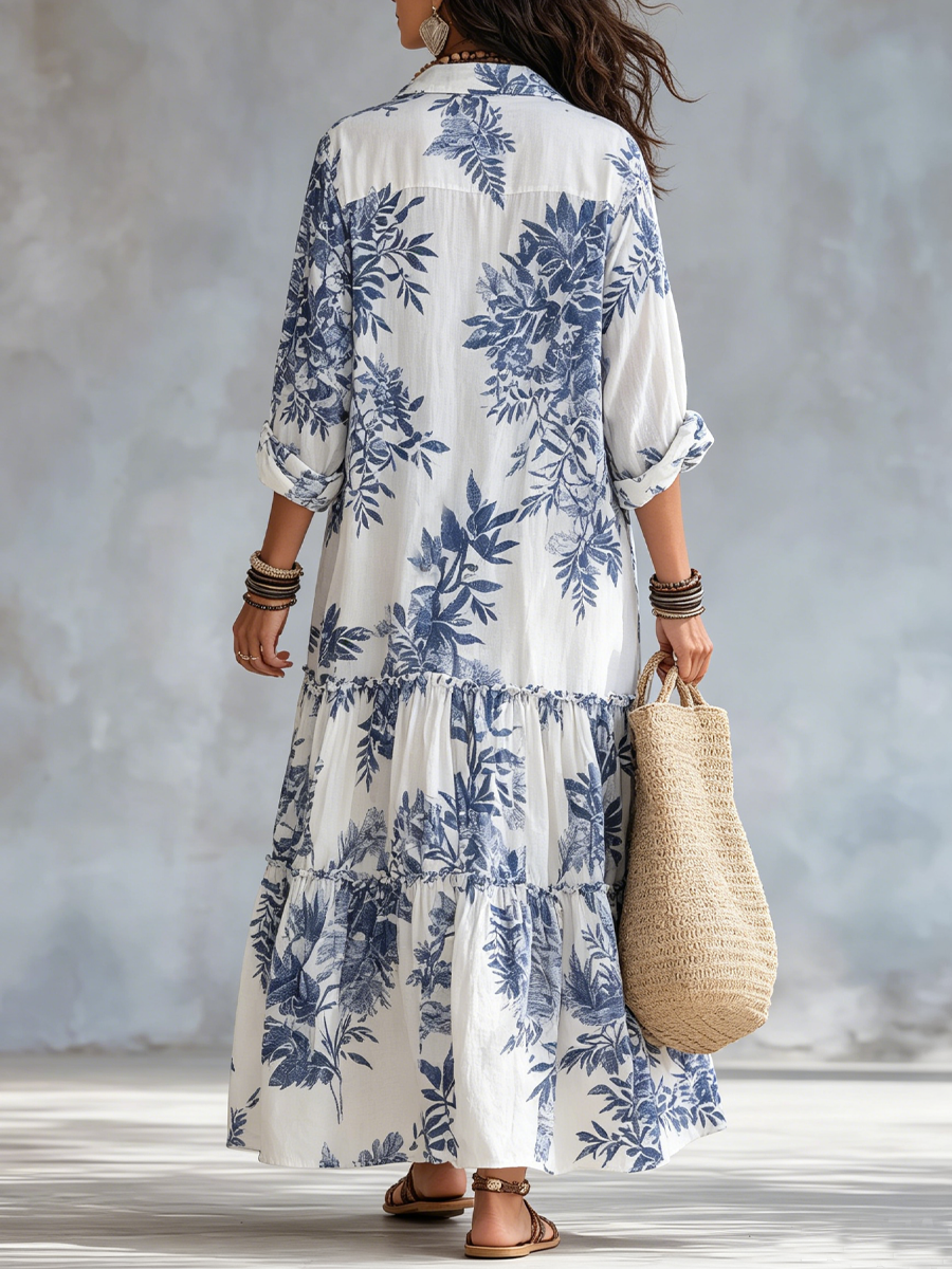 Vestido largo bohemio con botones y estampado floral azul