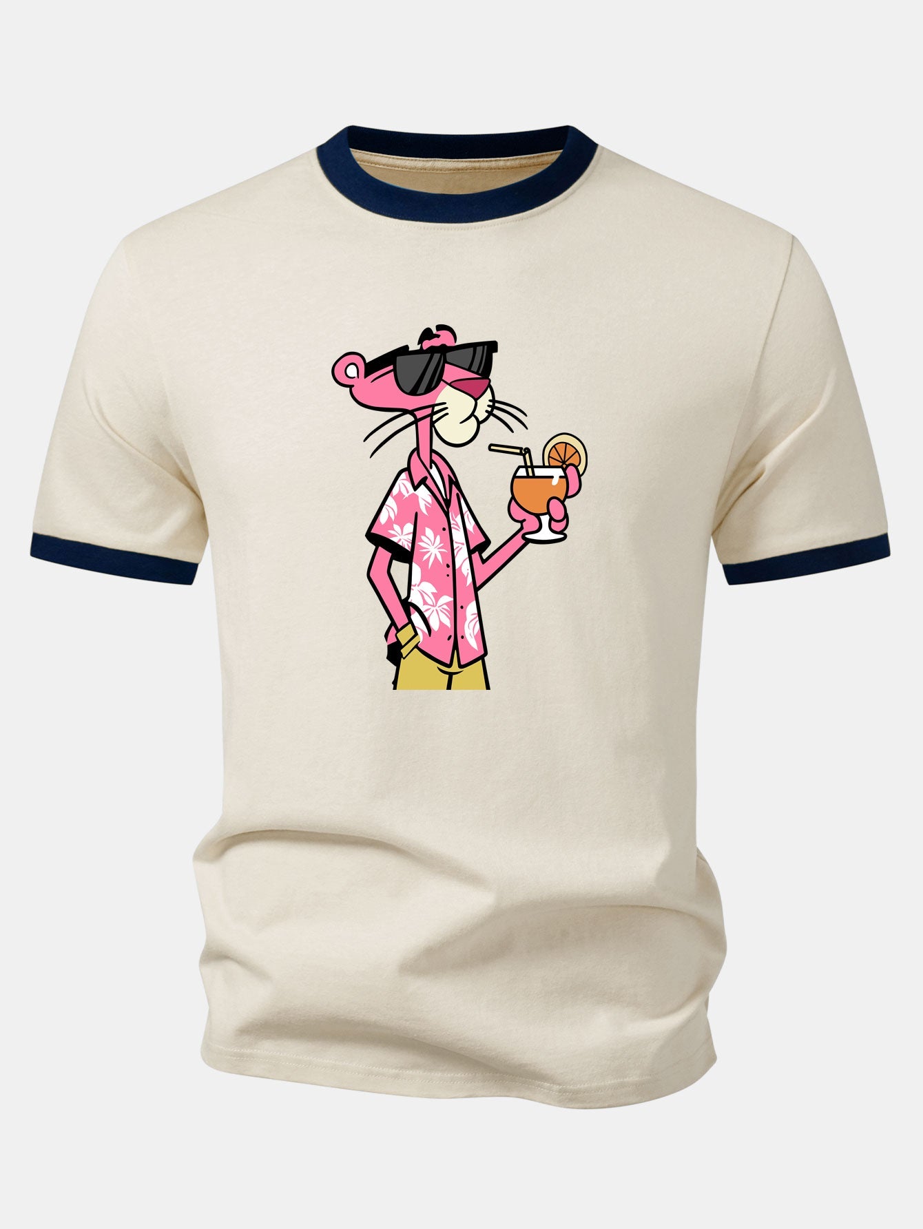 Vacation Pink Panther Print Contrast Ringer T-Shirt
