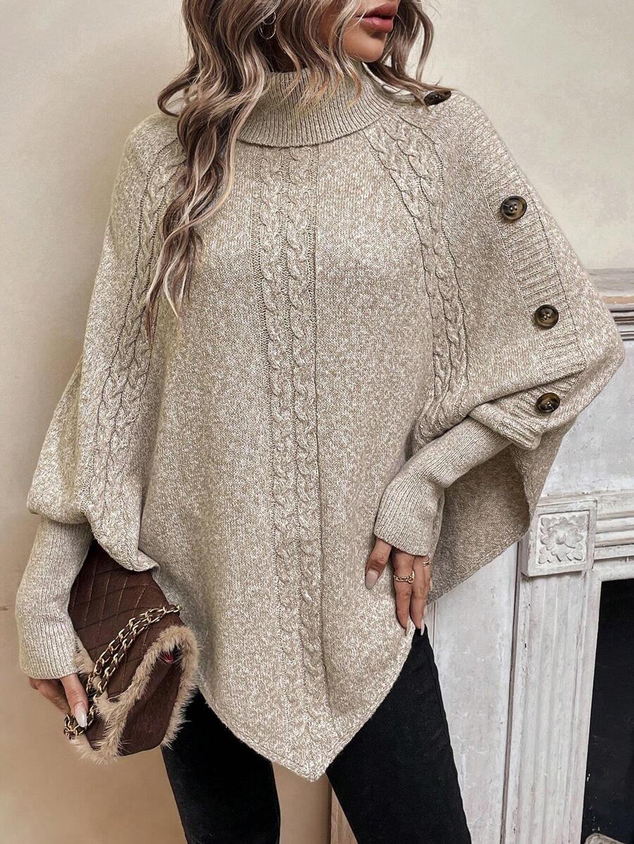Alexis | Jersey Poncho de Cuello Alto y Manga Murciélago, Punto Trenzado Asimétrico