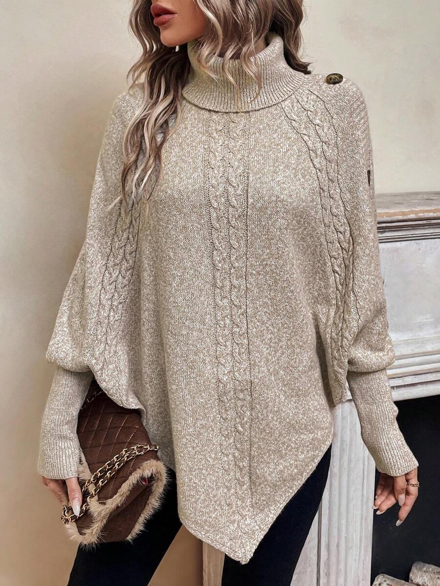 Alexis | Jersey Poncho de Cuello Alto y Manga Murciélago, Punto Trenzado Asimétrico