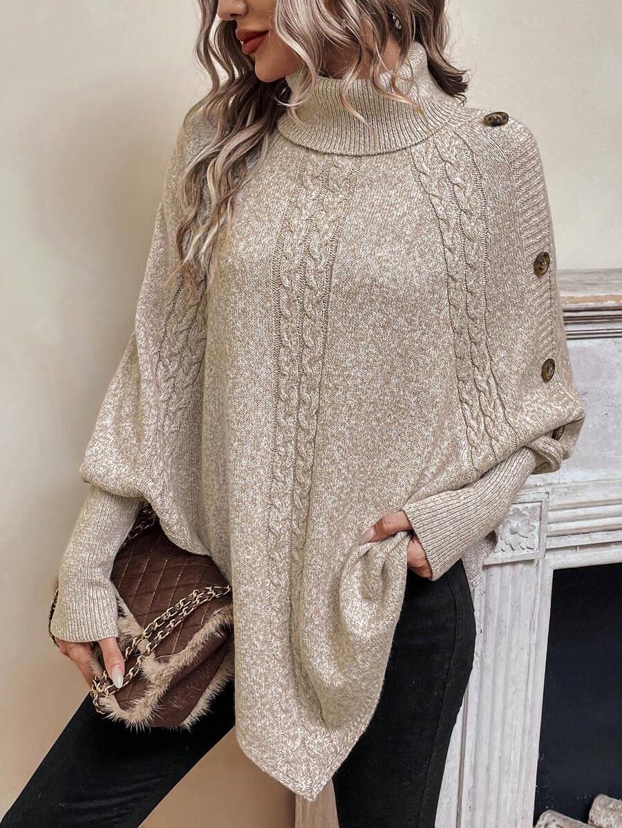 Alexis | Jersey Poncho de Cuello Alto y Manga Murciélago, Punto Trenzado Asimétrico
