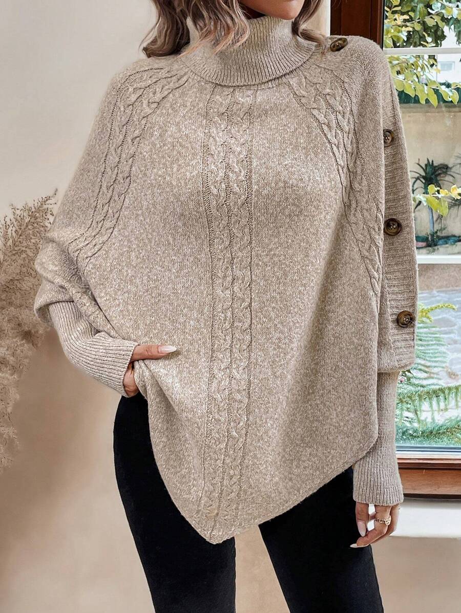 Alexis | Jersey Poncho de Cuello Alto y Manga Murciélago, Punto Trenzado Asimétrico