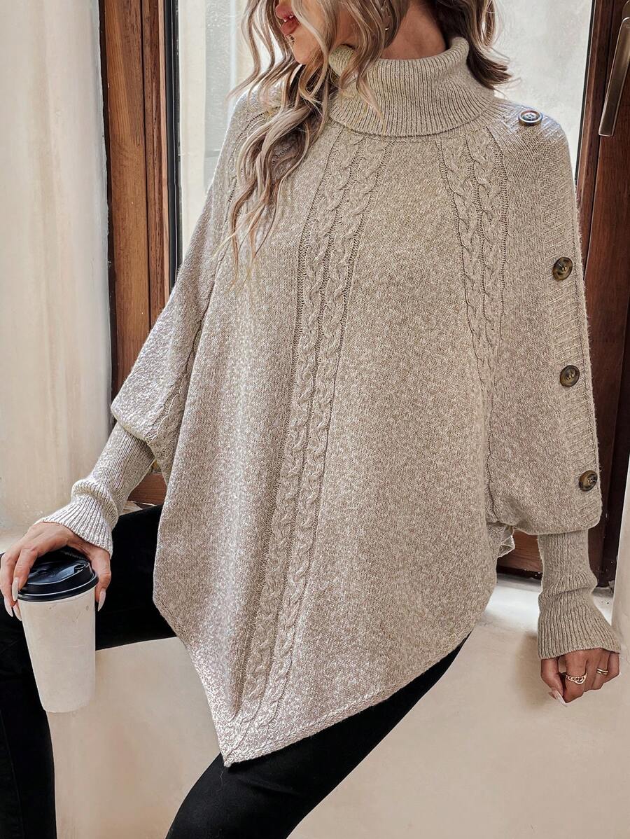 Alexis | Jersey Poncho de Cuello Alto y Manga Murciélago, Punto Trenzado Asimétrico