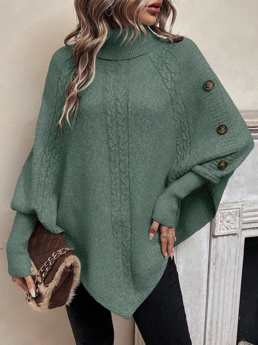 Alexis | Jersey Poncho de Cuello Alto y Manga Murciélago, Punto Trenzado Asimétrico