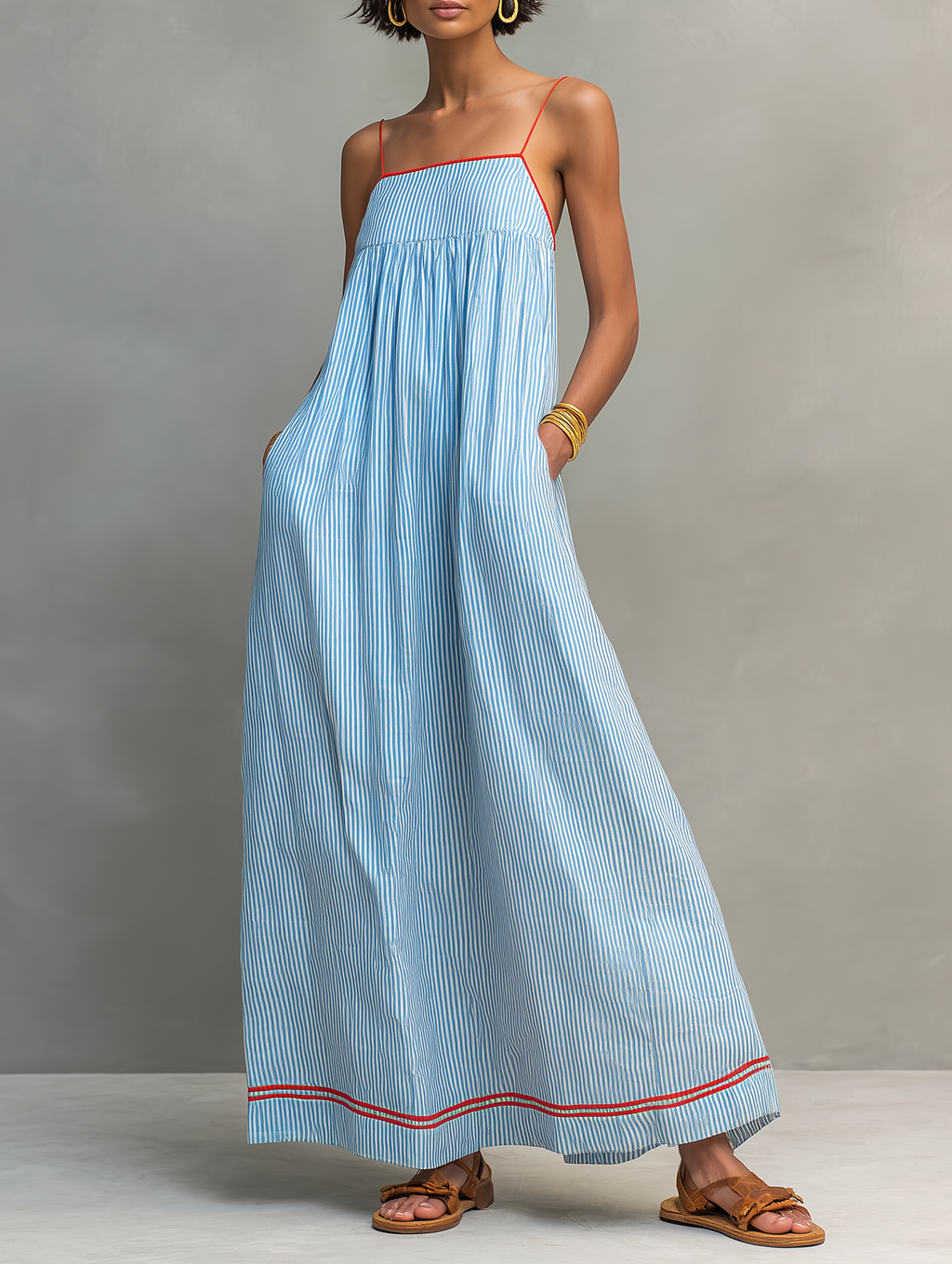 Flavia | Vestido maxi listrado minimalista feminino
