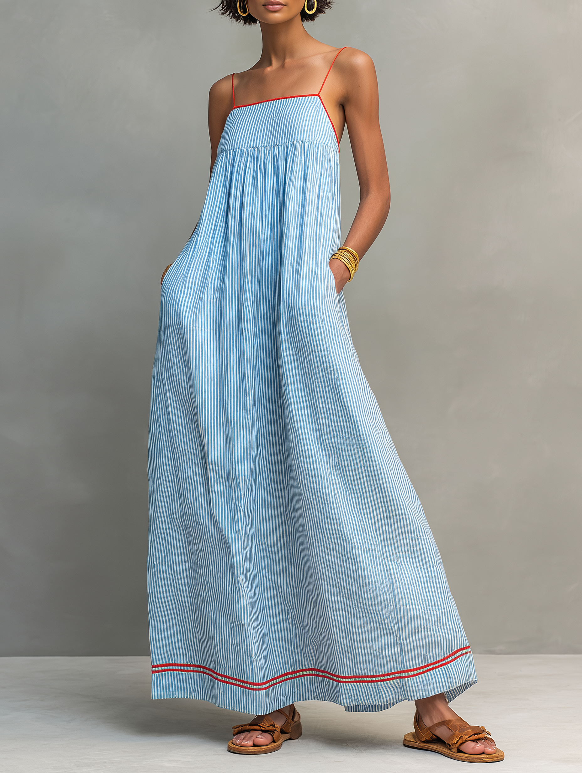 Flavia | Vestido maxi listrado minimalista feminino