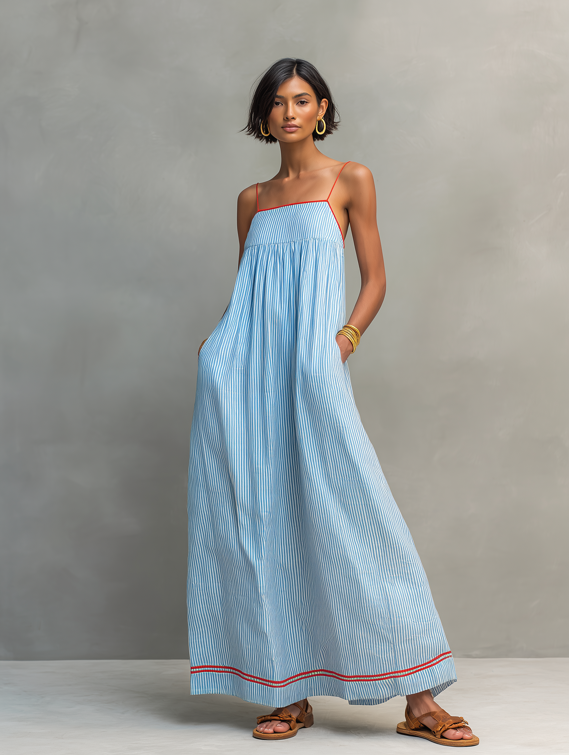 Flavia | Vestido maxi listrado minimalista feminino