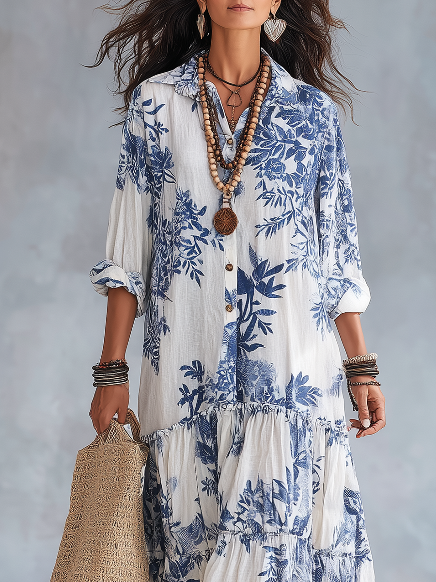 Vestido largo bohemio con botones y estampado floral azul