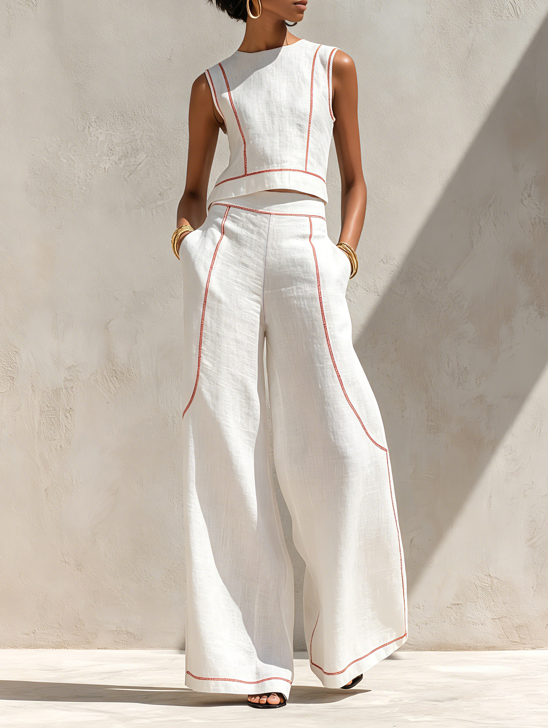 Victoria | Conjunto blanco con top sin mangas y pantalón de pierna ancha