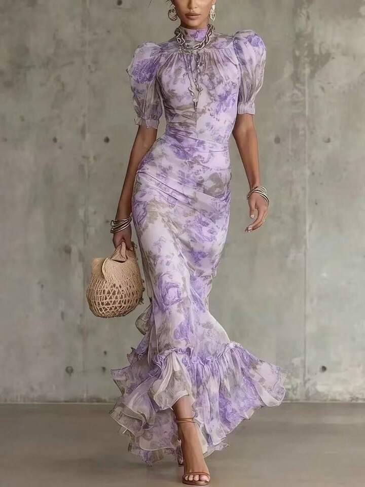 Eugenia Vestido Maxi Vintage Estampado Floral en Rosa con Mangas Abullonadas (Accesorios no incluidos)