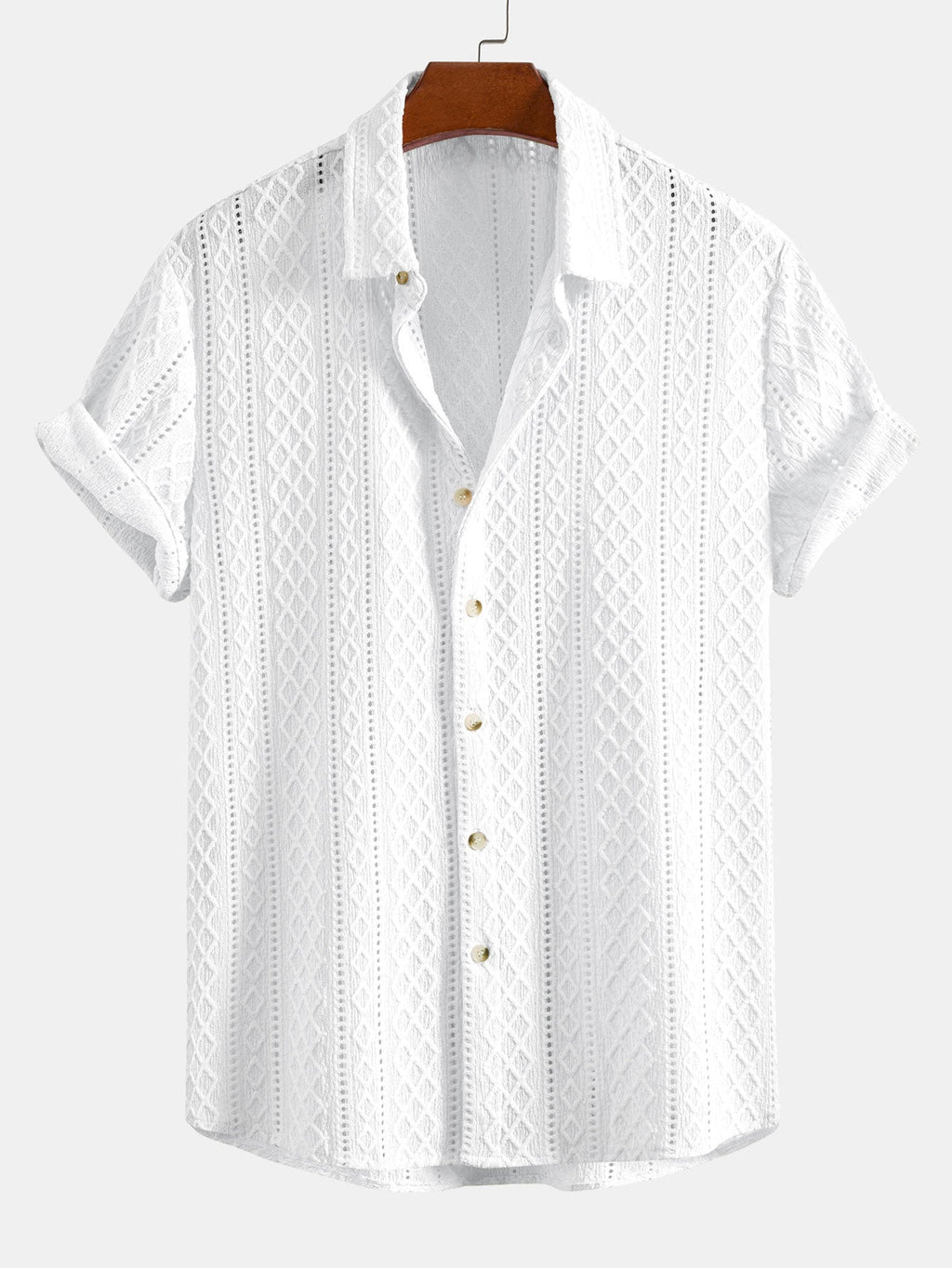 Camisa abotonada con estampado jacquard de rombos geométricos y pantalones cortos de 5" con cordón y textura arrugada