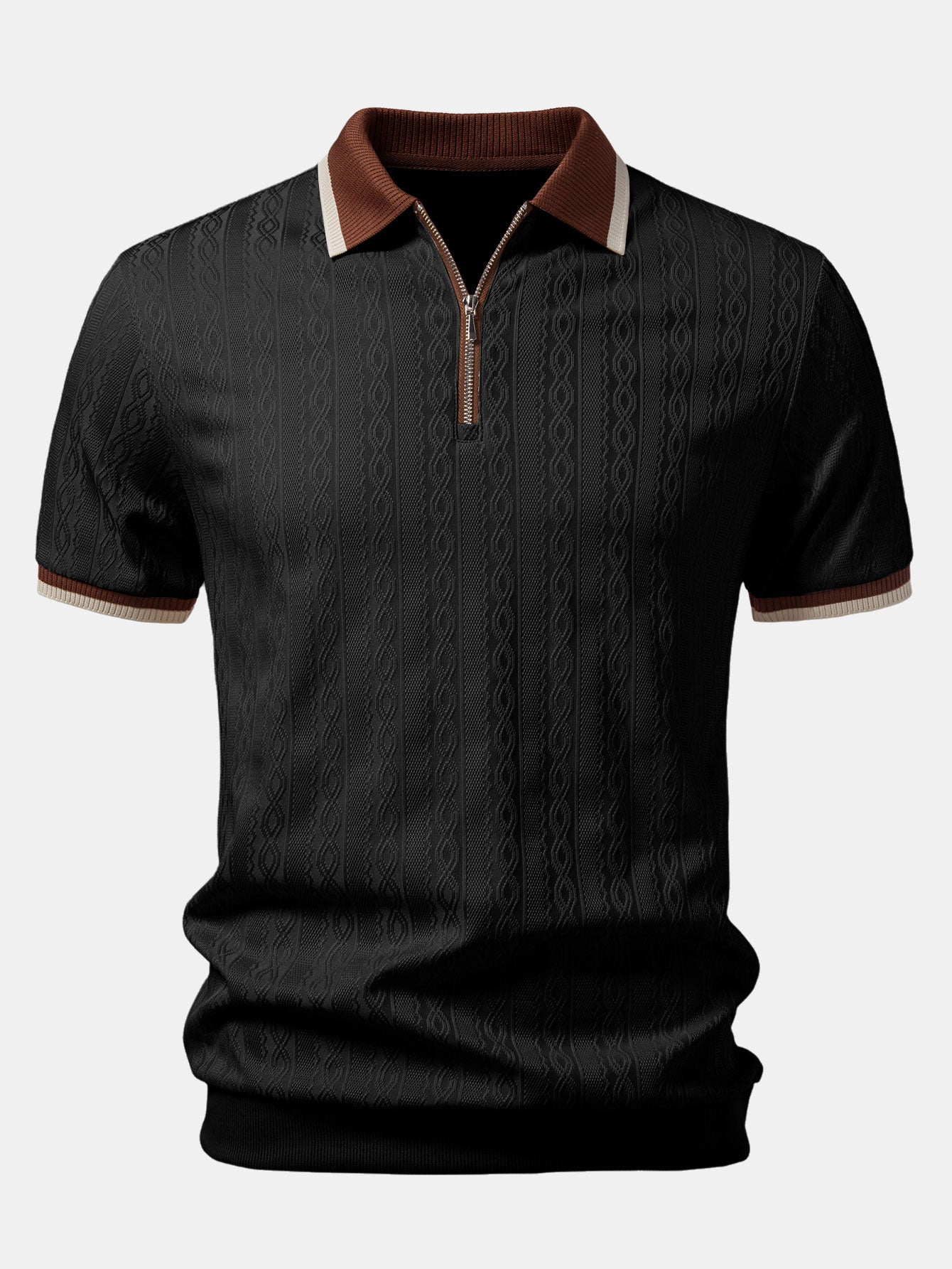 Polo de punto con cremallera texturizada y ribetes en contraste, y pantalones de corte recto con cintura elástica