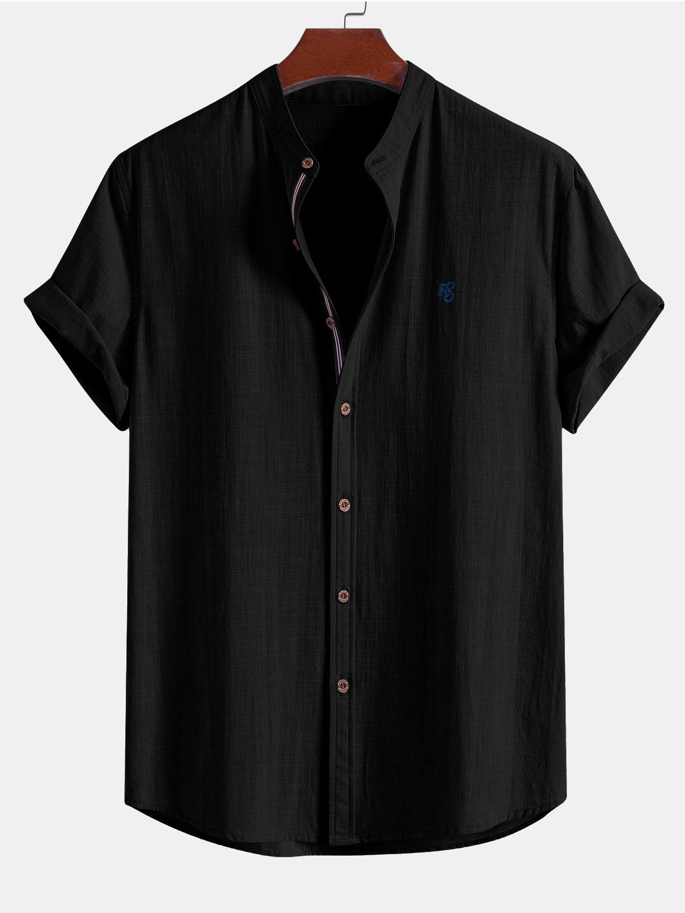 Short Sleeve Linen Look Stand Collar Shirt