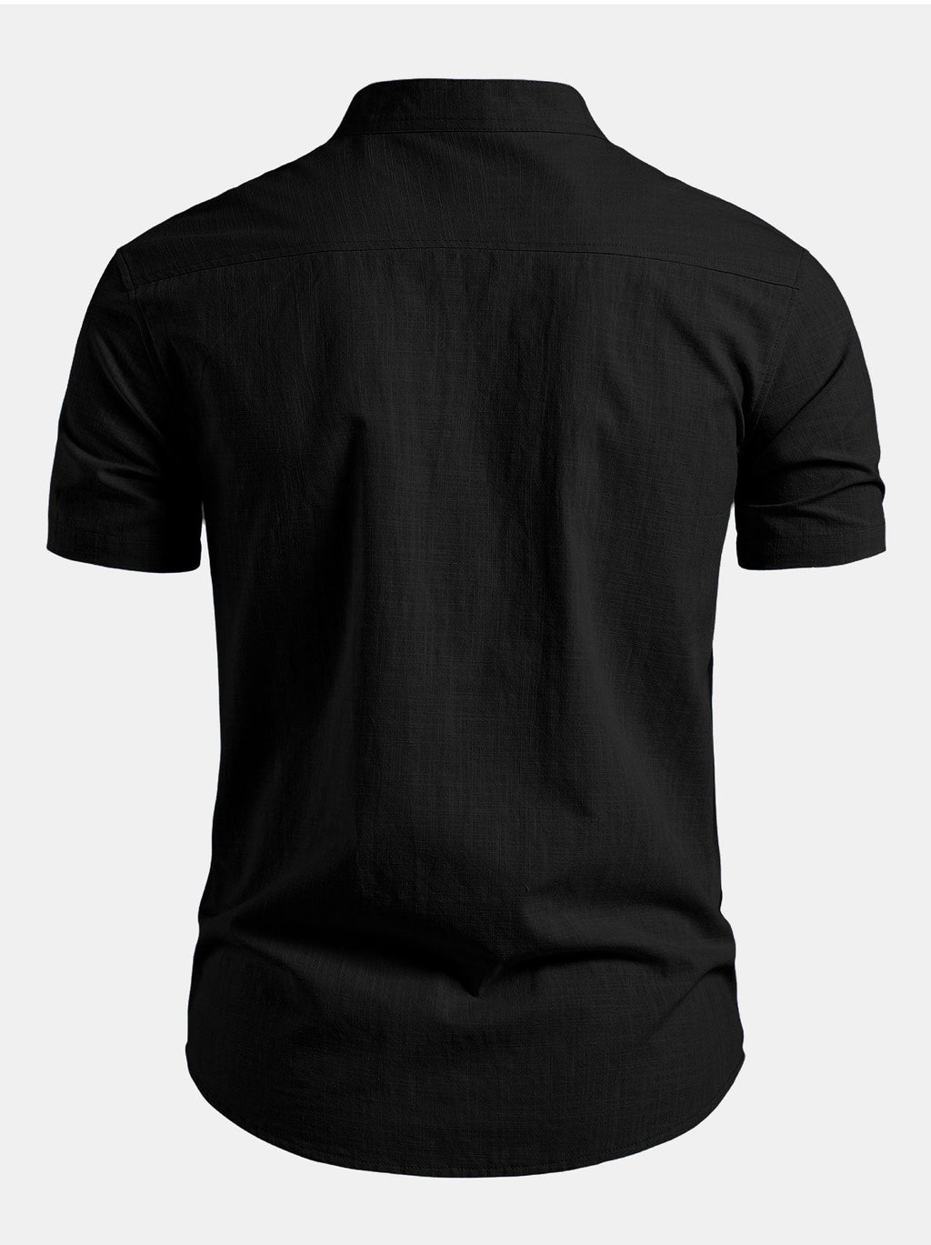 Camisa de manga corta con cuello alto y efecto lino, y pantalones rectos con textura arrugada