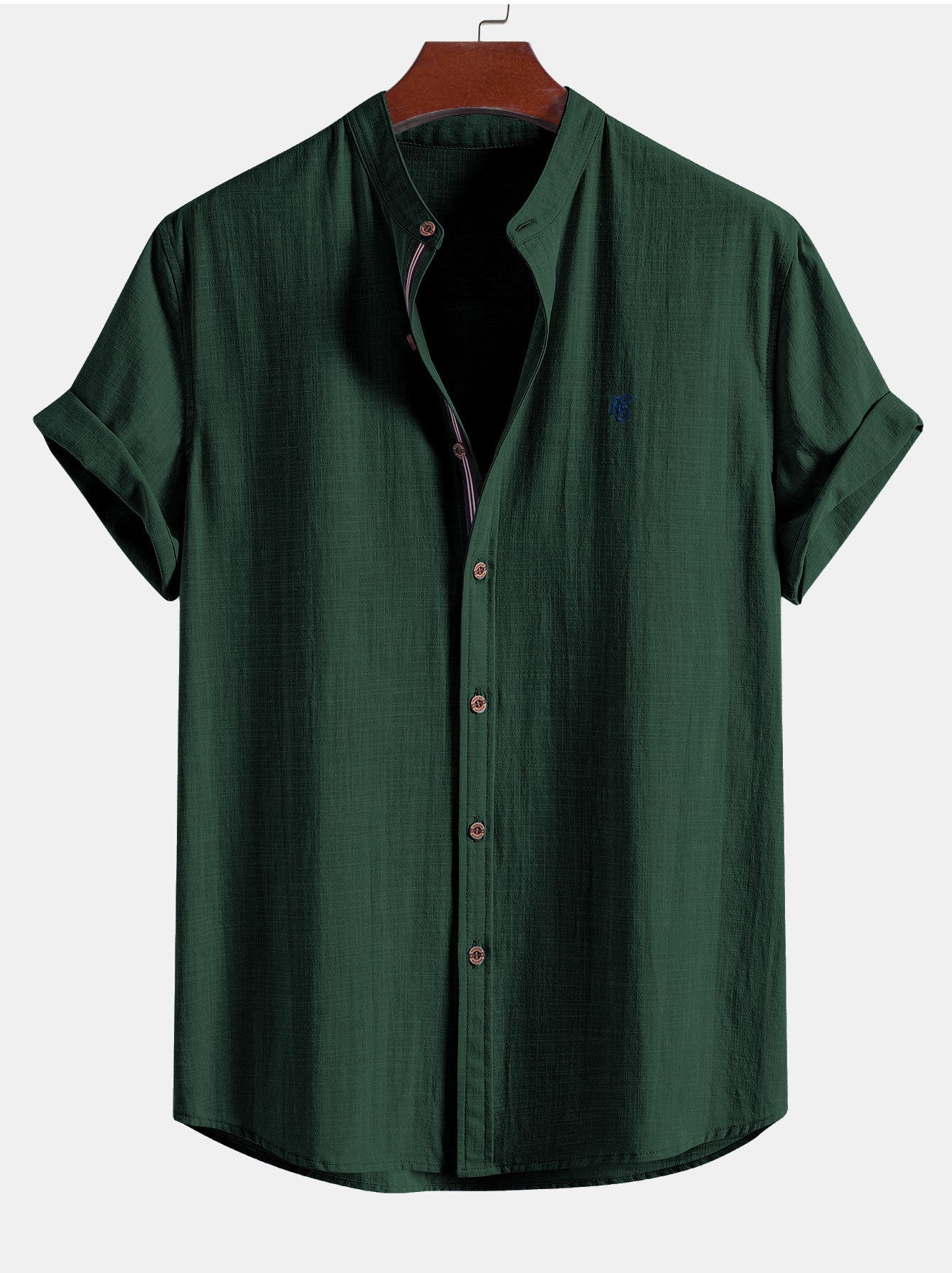 Short Sleeve Linen Look Stand Collar Shirt