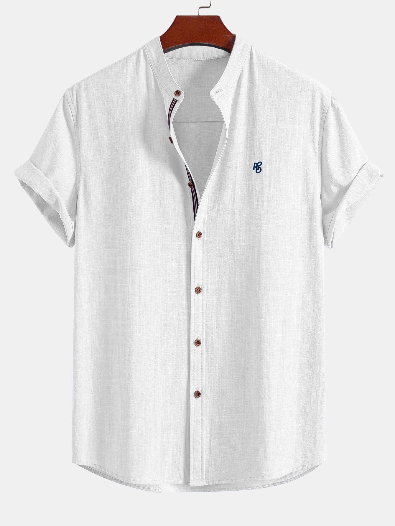 Short Sleeve Linen Look Stand Collar Shirt