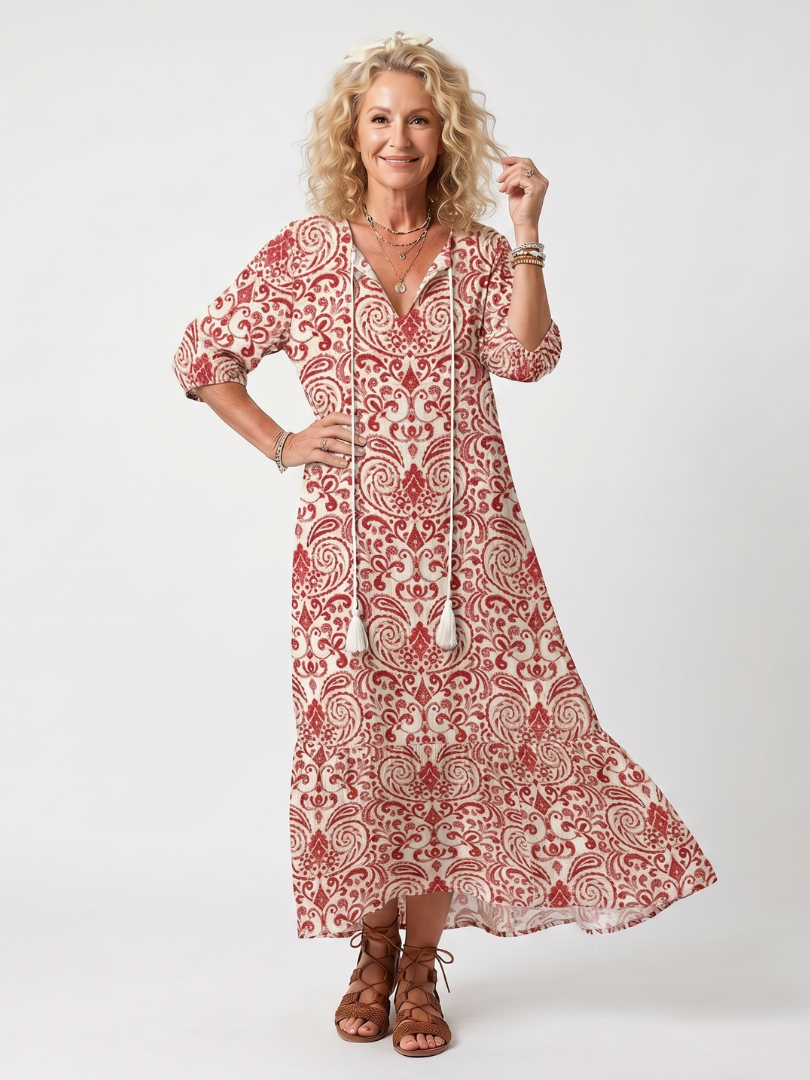Noelle | Vestido Midi con Estampado Ornamentado y Lazos de Borlas
