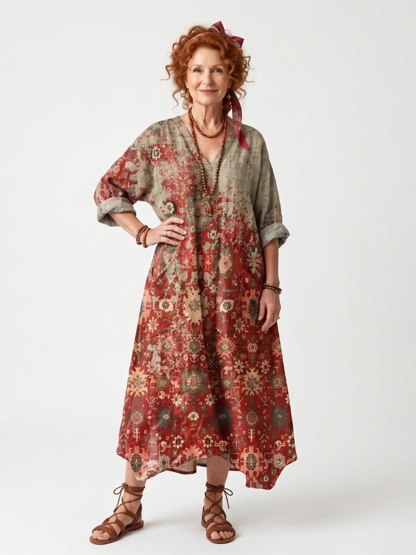 Saffron | Vestido Midi Relajado con Estampado Mixto y Bolsillos