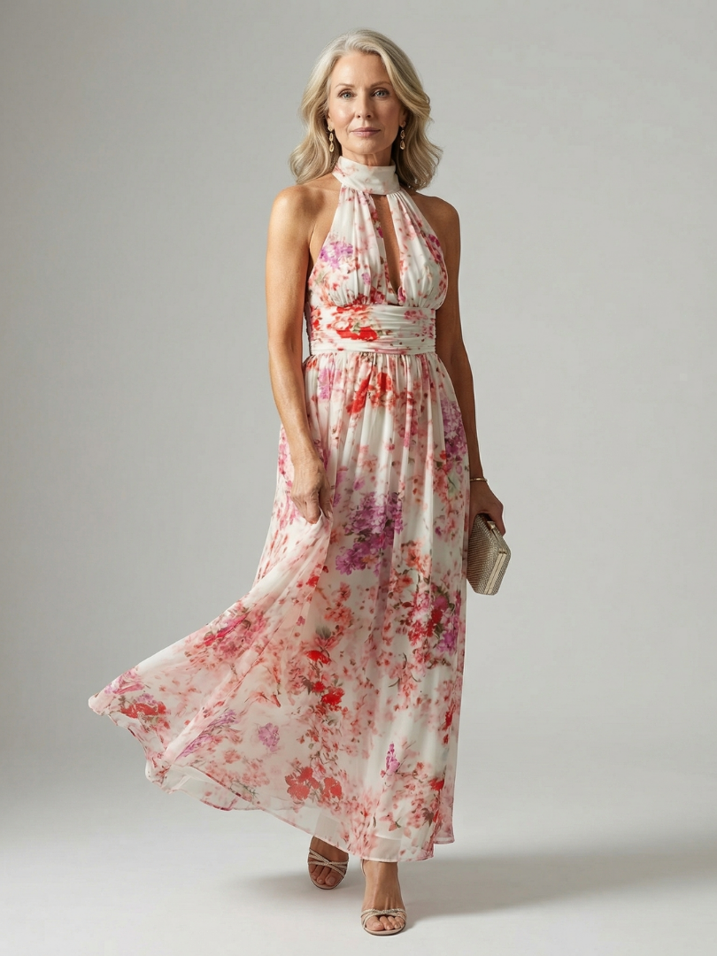 Caroline | Vestido Maxi Floral con Cuello Halter