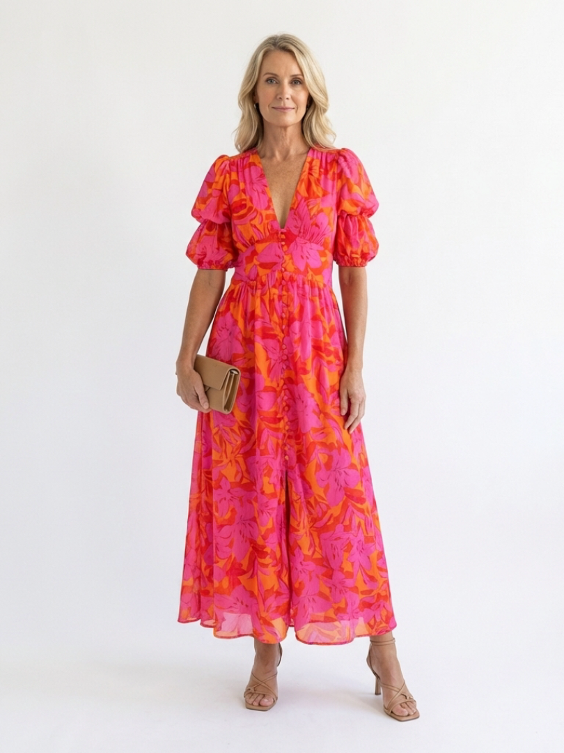 Willow | Vestido Midi Floral de Manga Abullonada y Escote en V