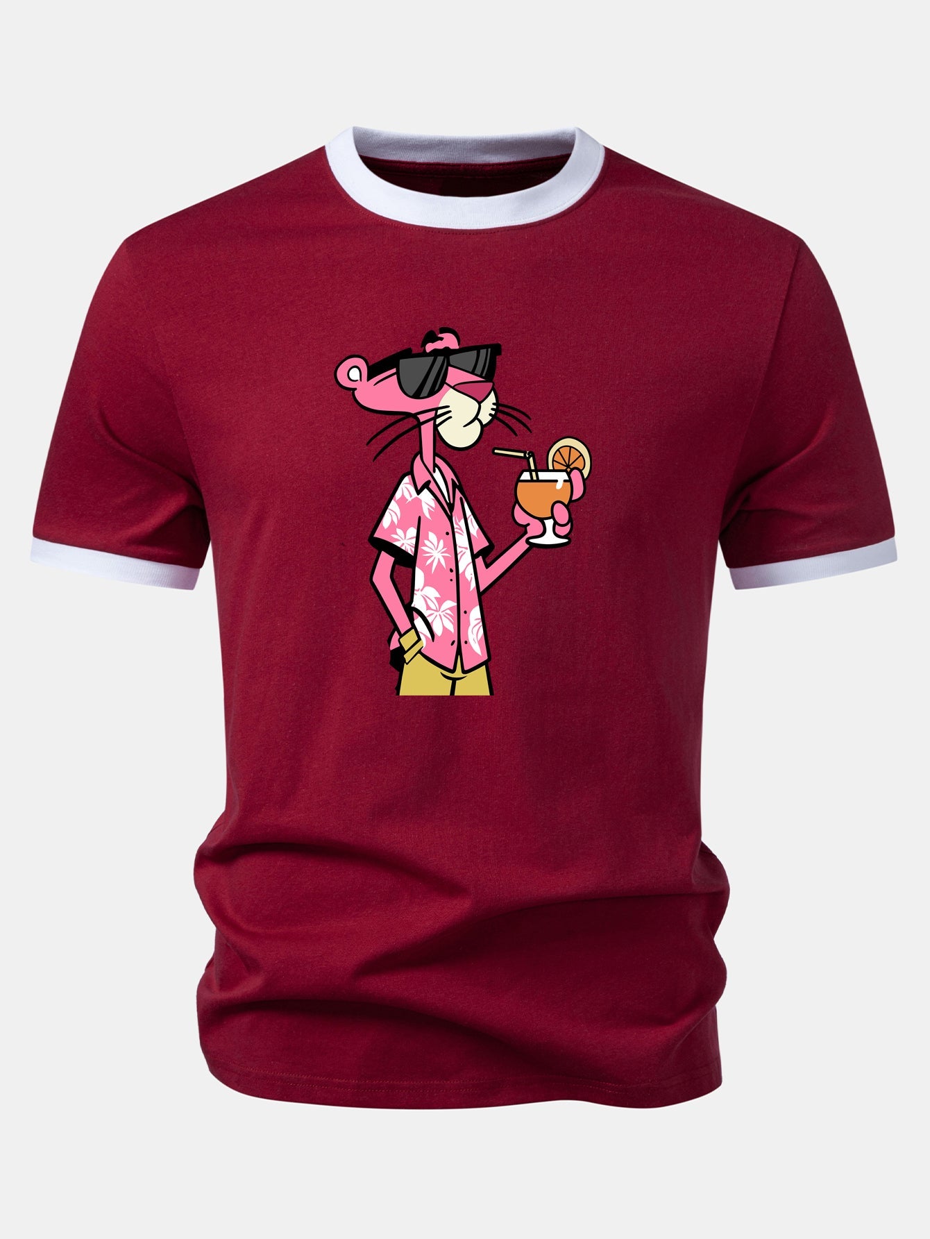 Vacation Pink Panther Print Contrast Ringer T-Shirt