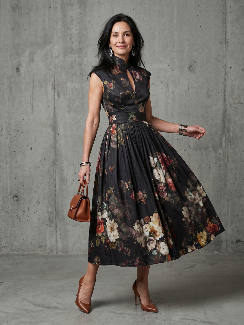 Aurelia | Vestido Midi Plisado Floral con Cuello Alto